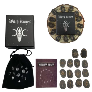 16Pcs/set Wooden Witch Runes Stone Set Engraved Symbol For Meditation Divination Rune Stones Set With Storage Bag Tablecloth