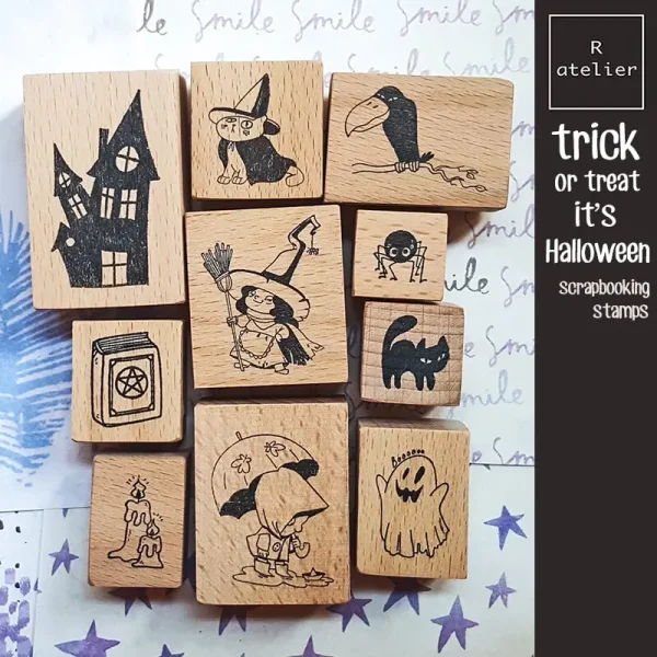 Halloween Wooden Stamps Scrapbooking Kawaii Pumpkin Witch Hat Castle Cute Journaling Stamp