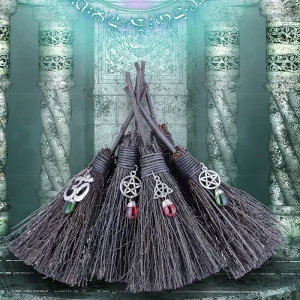 Witch Magic Tool Broom Crystal Point Aura Quartz Coated Rainbow Stones Fairy Brooms Pentagram Table Crystals Cleanse Tools